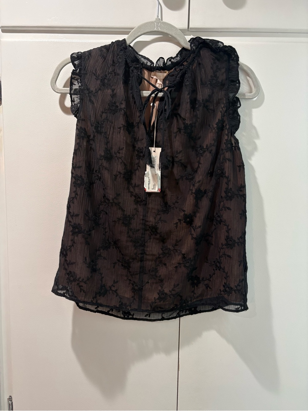 Rebecca Taylor Black Sheer Floral Lace Tie-Back Camisole